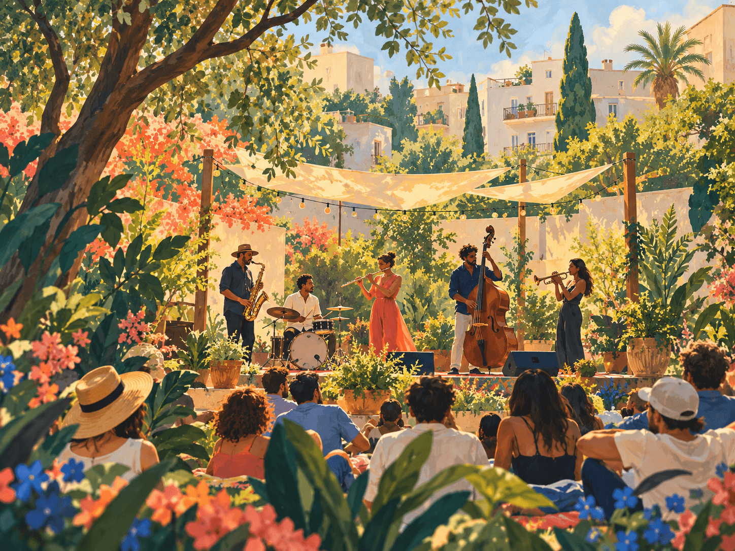 Illustration of musicians performing in a city garden